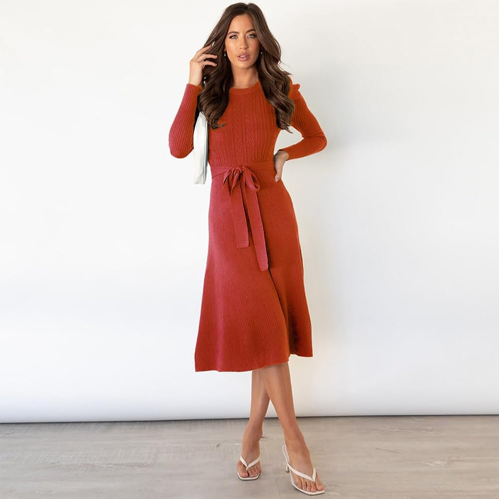 sweater red dress IBAKOM Women's Autumn Winter Skinny Knit Long Sleeve Lace-up Ruffle Midi A VanityTable Size:38 Men's Size Vestido Maxi Destenido Gigi fair trade