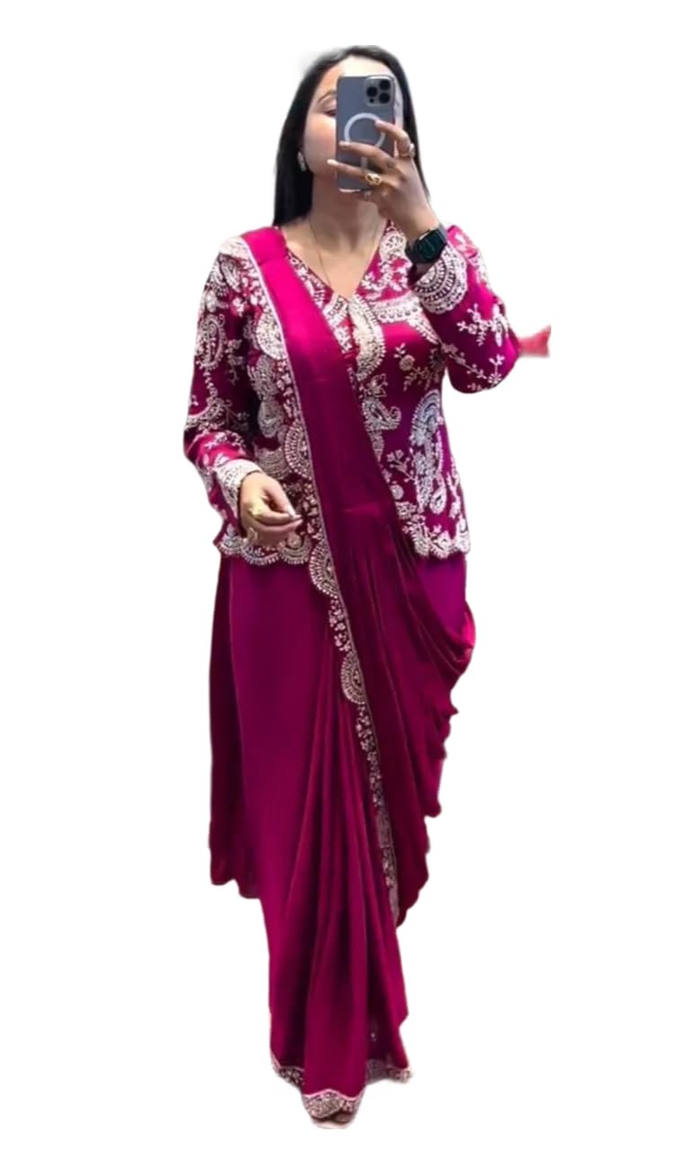 Women Embroidered Sequins Work Ready to Wear Chinon Saree with Koti and Blouse Ethnic Outfit Fully Stitched-image-16