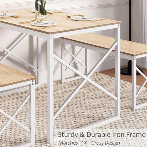 Image of VECELO 43.3 inch Kitchen Dining Table Set for 4, Heavy-Duty Steel Frame & Wood-Grain Tabletop, Space-Saving Dinette Sets with 2 Benches for Breakfast Nook and Small Space, Natural
