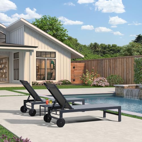 Image of PURPLE LEAF Outdoor Chaise Lounge with Wheels, Set of 4 with Table, Grey