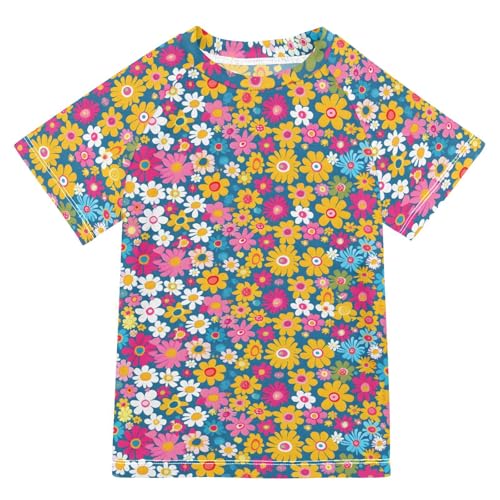 ALAZA Boys Swim Shirts Toddler Rash Guard Short Sleeve Rashguard Bright Retro Groovy Floral UPF 50+ 11-12T