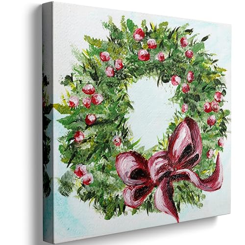 GUN SUPPLIES OUTLET LLC Holiday Wall Art Prints Green Christmas Wreath with Festive Red Bow Wreath Christmas Home Décor, Red, Green 16x16 inch