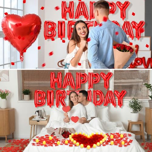 Image of Red Happy Birthday Balloons Decorations Happy Birthday Letter Balloons Banner Set with 24pcs Round Flameless LED Candles and 2000pcs Artificial Rose Petals for Women Men Room Party Decor