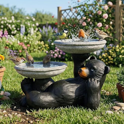 Image of SunJet 18 inch Fibre Reinforced Concrete Outdoor Birdbath, 2-Tier Black Bear Bird Bath & Bird Feeder, Bird Bath Garden Decor with Dual Basins for Patio, Backyard, Lawn