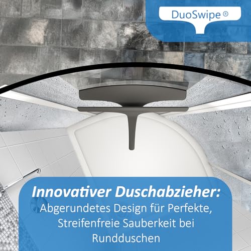 DuoSwipe - Der Duale Duschabzieher für Rundduschen, Silikon Duschwischer für Dusche, Bad, Fliesen, Spiegel, glatte Oberflächen, Runde Dusche, Fensterabzieher, Badezimmerwischer, mit massivem Stahlkern