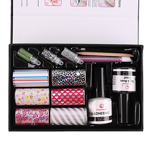 Nail Art Wrap Foil Transfer Adhesive Sticker Rolls Acrylic DIY Decoration With Top Base Coat Glitter Box Set