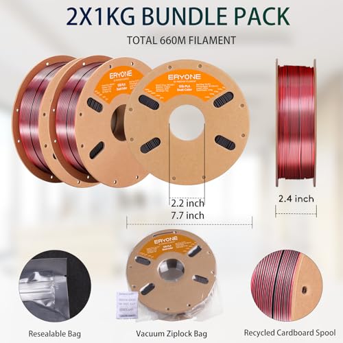 Image of ERYONE Silk Dual Color PLA Filament 3D Printer 1.75mm + /- 0.03mm, Bicolor Filament Two Tone PLA Bundle 2KG Cardboard Spool, Black Red