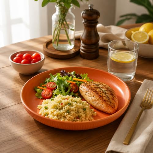 Image of Wheat Straw & Bamboo Fiber Plates Set, Lightweight Dinner Plates, Microwave and Dishwasher Safe, Plates Easy to Clean & Reusable (9 Inches, Blue, Set of 6) (6, Orange)