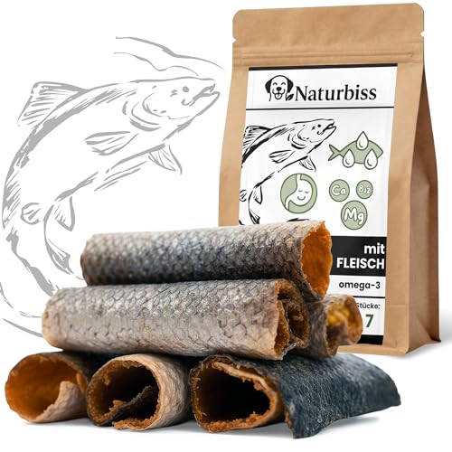 Naturbiss Lachshaut mit Fleisch Hund 7 Stück (10cm)- Omega 3- öl Fischhaut, Hundesnacks Lachs- Hypoallergen, Getreidefrei- Natürliche Fisch Leckerlis, Monoprotein Kaurollen zur Zahnpflege und Fell