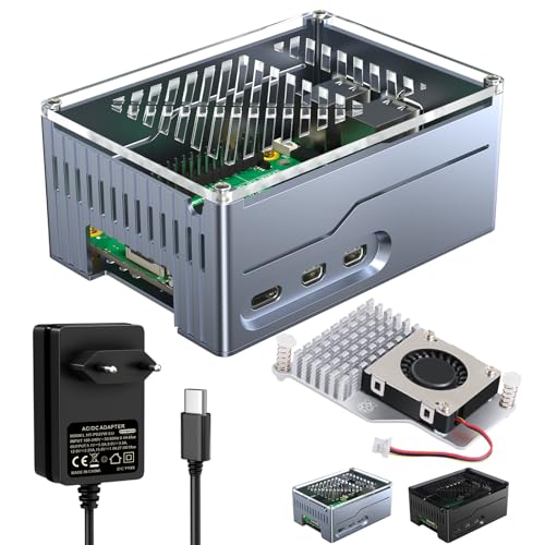 Miuzei Gehäuse für Raspberry Pi 5 Support SSD PCIe M.2 NVMe Hat Key-M Shield Top X1001/X1000/X1003 Metall Case for Raspberry Pi 5 4GB/8GB mit Official Active Cooler 5,1V 5A Netzteil 27W Power Supply