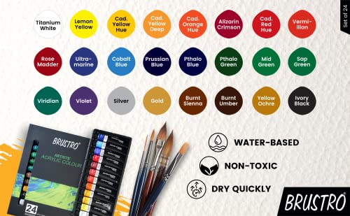 Image of BRUSTRO Technical Pen (Pack of 6) Acrylic Paint Set of 24, Multicolour 12ml Tubes, multicolor (BRAC1224)