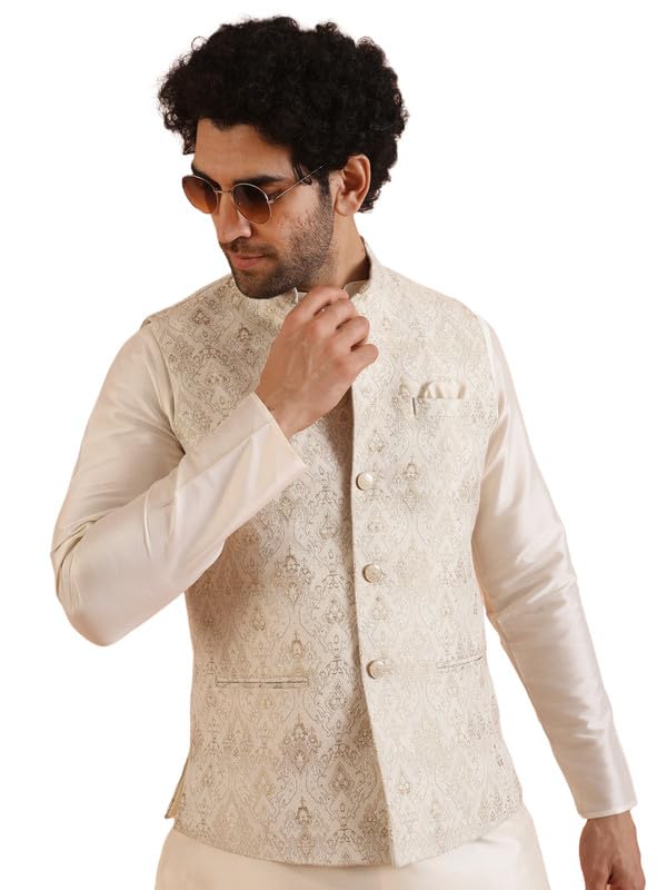 kisah Men's Silk Blend Textured Woven Nehru Jacket | Ethnic Waistcoat Perfect for Festive and Wedding-picture-12