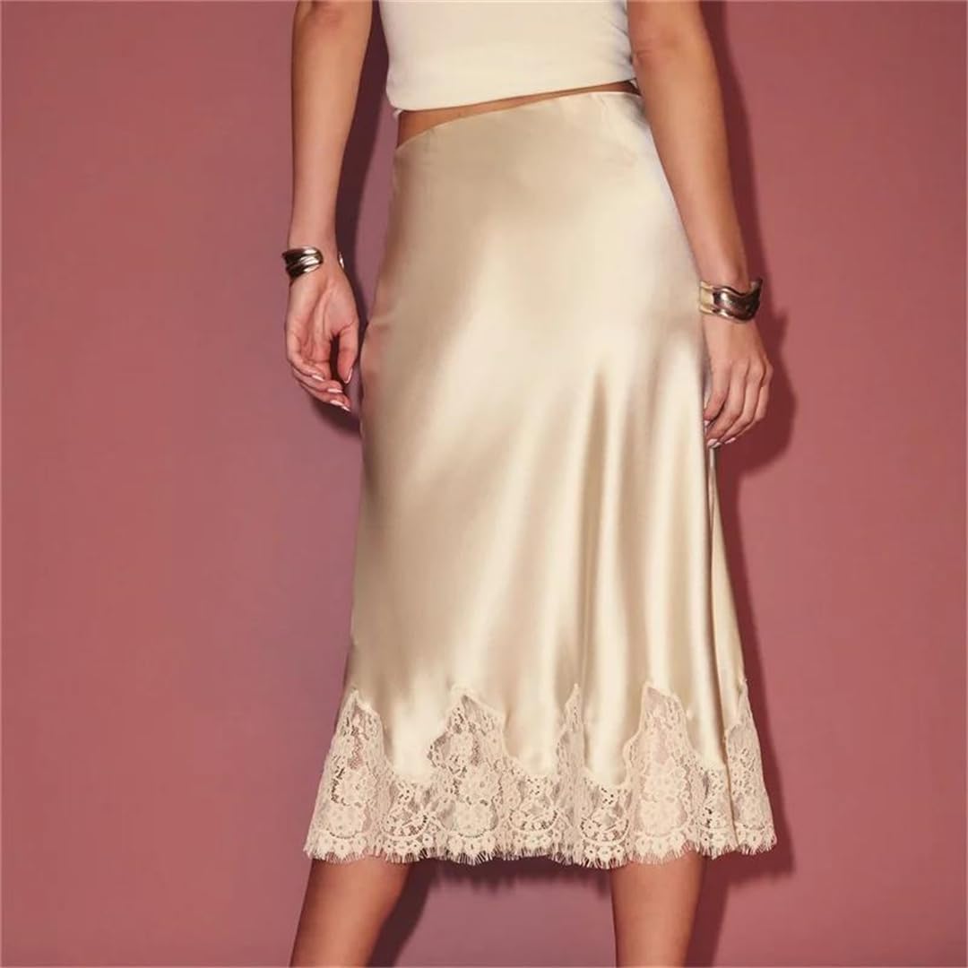 Women Elegant Midi Skirt High Waist Lace Satin Trumpet Silhouette Slim Fit Lace Patchwork Casual Daily Wear Skirt