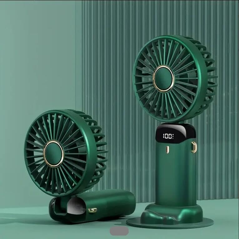 Sonia Linens Home Basic N15 Portable Hand Held Fan,USB Rechargeable with 5 Speeds Battery Operated，Foldable Desktop with LED Display (Green)