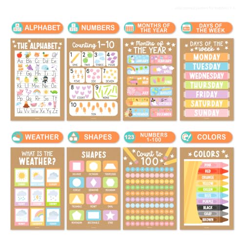 Image of Hadley Designs 16 Educational Posters for Classroom Decor - Learning Posters for Toddlers 1-3, Alphabet for Classroom Wall, Daycare Essentials, Homeschool Posters Preschool, Kraft Playroom Decor