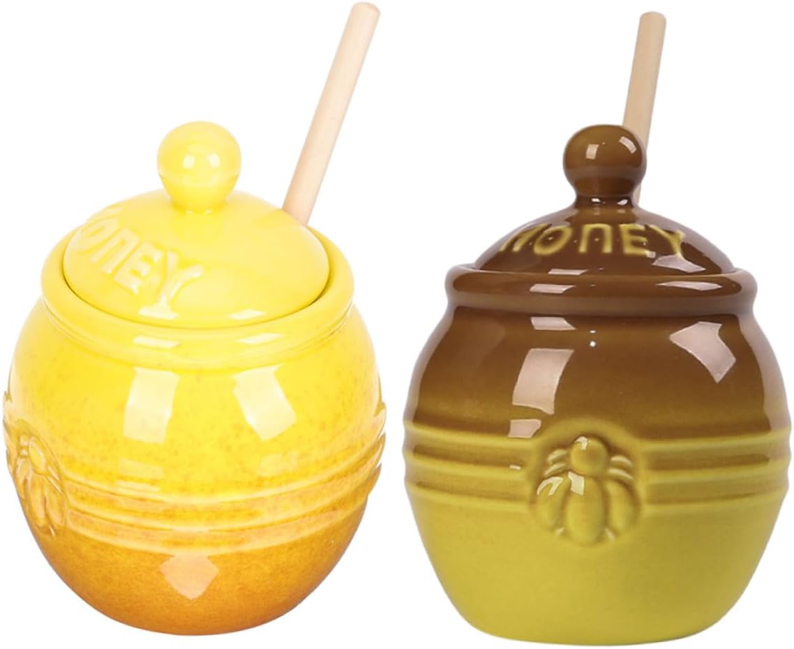 Ceramic Honey Storage Jar Set Bee Style Honey Pot with Dipper Stick Luxurious Kitchen Decorative Jar