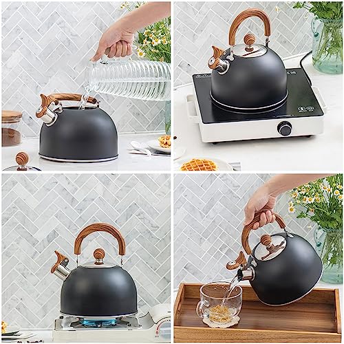 Stainless Steel Whistling Tea Kettle, 2.2 Qt / 88 Oz Vintage Black Teapot With Wood Pattern Folding Handle, Stovetop Kettle For Tea, Water, Coffee, Milk, Etc, Gas Electric Applicable #TOP6
