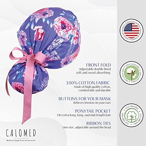 Image of Scrub Cap for Women and Men, Ponytail Scrub Caps, Working Hat, Head Cover with Ribbon Ties and Buttons, Long Hair