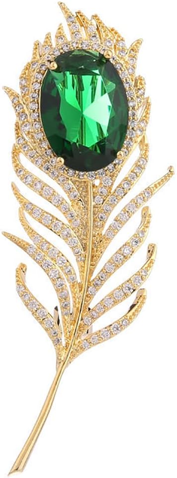 14K Gold Feather Brooch Pin with Moissanite Inlay - Elegant Coat and Suit Accessory for Women, Fashionable Business Attire Enhancement