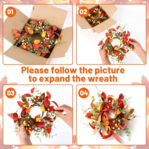 Image of 6 PCS Fall Candle Ring Wreaths Artificial Autumn Candle Holder Wreath | Thanksgiving Candle Ring with Berries Eucalyptus Forsythia for Farmhouse Harvest Pillar Candles Table Centerpiece Decor
