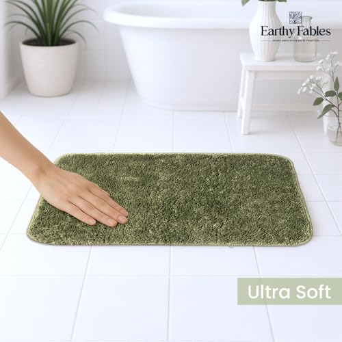 Image of Earthy Fables Soft Microfiber Bath Mat - Cut Pile, Quick Dry, Anti-Skid, Water Absorbent, Non-Slip, Machine Washable Floor Rug, Shower Mat, Door Mat for Bathroom, Bedroom, 60x40 cm - Green