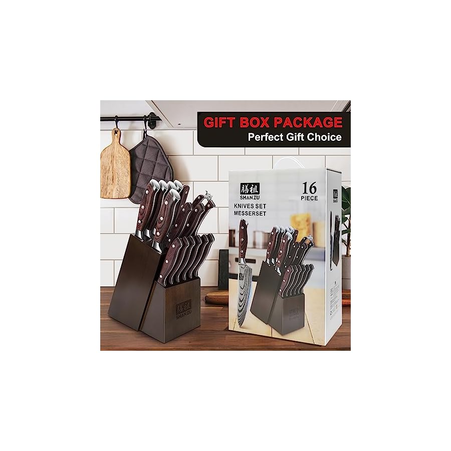 SHAN ZU Knife Set 16 pcs, Japanese Kitchen Knife Set with Block High Carbon Stainless Steel Ultra Sharp Knife Set for Kitchen, Professional Chef Knife Set with Sharpener