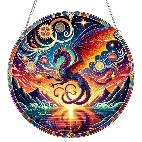 MATIHAY Flying Fire Dragon Acrylic Window Hanging, Gothic Dragon Decorated with Gem Stone Christmas Decoration, Dragon Art Wall Decor Gift for Dragon Lovers (Purple, 7.9