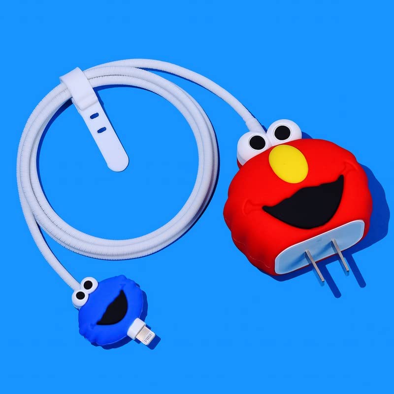 Image of Cartoon 3D Design Protective Case for 18W 20W iPhone 14 13 12 11 Pro Max Fast Charging Cable Adapter Charger, Cute Cartoon Lightning Data Cable Case for iPhone ChargerRED N BLUE SESAME