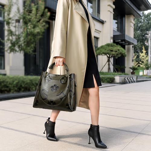 Image of Travistar Floral Handbags Purses Women - Embossed Vegan Leather Top Handle Handbag Set Large Shoulder Bag Ladies Bucket Tote