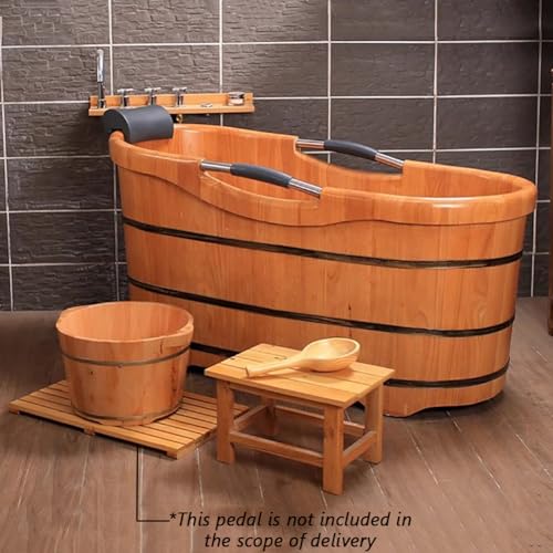 MegLob Moderne Holzbadewanne, Klassische Massive Holzbadewanne, Freistehende Eiche-Badewanne Mit Pop-Up-Abfluss, Zeitgenössische Holzwanne Mit Innerem Hölzernen Sessel,160cm/62.99" – Bild 7