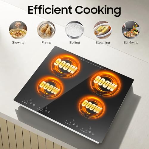 Image of 4 Burner Electric Cooktop 23 Inch Countertop & Built-in Ceramic Glass Stove Top 110V 3000W Electric Stove Top Hot Plate with 9 Heating Level, Child Lock, Timer, Hard Wire (No Plug)