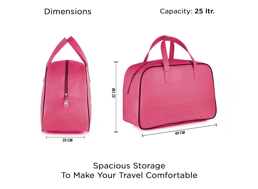 Image of Nautica Unisex 25L PU Duffle Bag for Travel | Stylish Leatherette Cabin Luggage with Smooth Zippers | Compact, Comfortable & Spacious for Weekend Trips, Gym & Everyday Use | Fuchsia