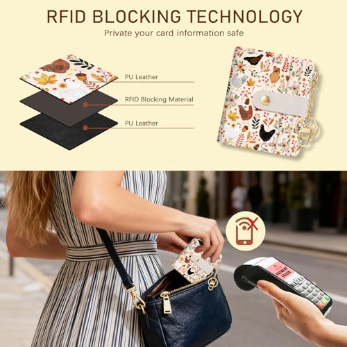 Image of Jogjam Chicken Mushroom Leaves Rfid Women Wallet, Small Slim Thin Compact Credit Card Wallet, PU Leather Bifold Cash Wallet, Zipper Coin Pocket ID Window, Female Ladies Holiday Gifts