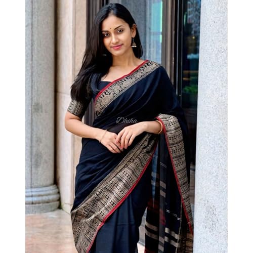 Image of Narayanpet Pure Cotton Avani Border Saree for Women with Running Blouse | Tassels | Traditional Woven Solid Design | Handloom Weave