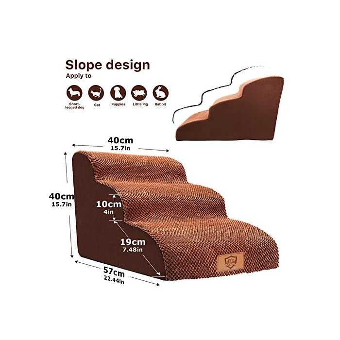 Pawchop Dog Steps for Bed, 3 Steps Pet Stairs with Non-Slip Washable Cover, 57x40x40cm High Density Foam Dog Ramp for Bed and Sofa, Stairs & Steps for Small Dogs and Cats - Brown - Image 3