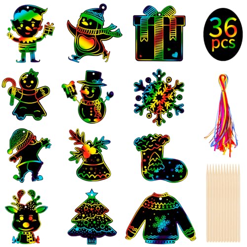 Kiiwah 36pcs Noel Scratch Art Carte à Gratter Enfant Dessin, Papier à Gratter Ornement pour Decoration Sapin Noel Cadeaux Étiquette