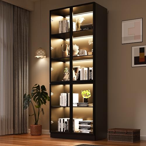 Display Storage Cabinet with Glass Door, LED Lights,Showcase for Collections, Perfume, Vinyl Albums, Bookcase for Home Office, Living Room, Clinic, Pantry (5 Layers-Black)