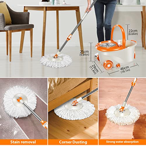 Mastertop Spin Mop And Bucket With Wringer Set, 57" Adjustable Extended Handle For Floor Cleaning, Stainless Steel Spinning Bucket With 2 Wheels Easy Moving, 6 Microfiber Mop Pads #TOP5