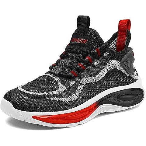 RUNSIDE Boys Girls Sneakers, Lace up Kids Tennis Shoes for Walking/Running Lightweight Breathable Gym Shoes Outdoor, Little Kid/Big Kid Black/Red Cover