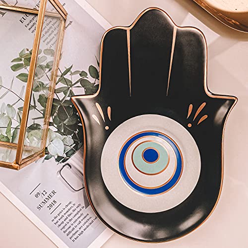 MADE BY LUCKY Jewelry Dish Trinket Dish Ring Dish Ceramic Hamsa Evil Eye Hand of Fatima Holder Key Ashtary Trinket Plate Bowl Small Boho Home Decorative Cute Decor Jewelry Tray Dish Gift Mom Brithday