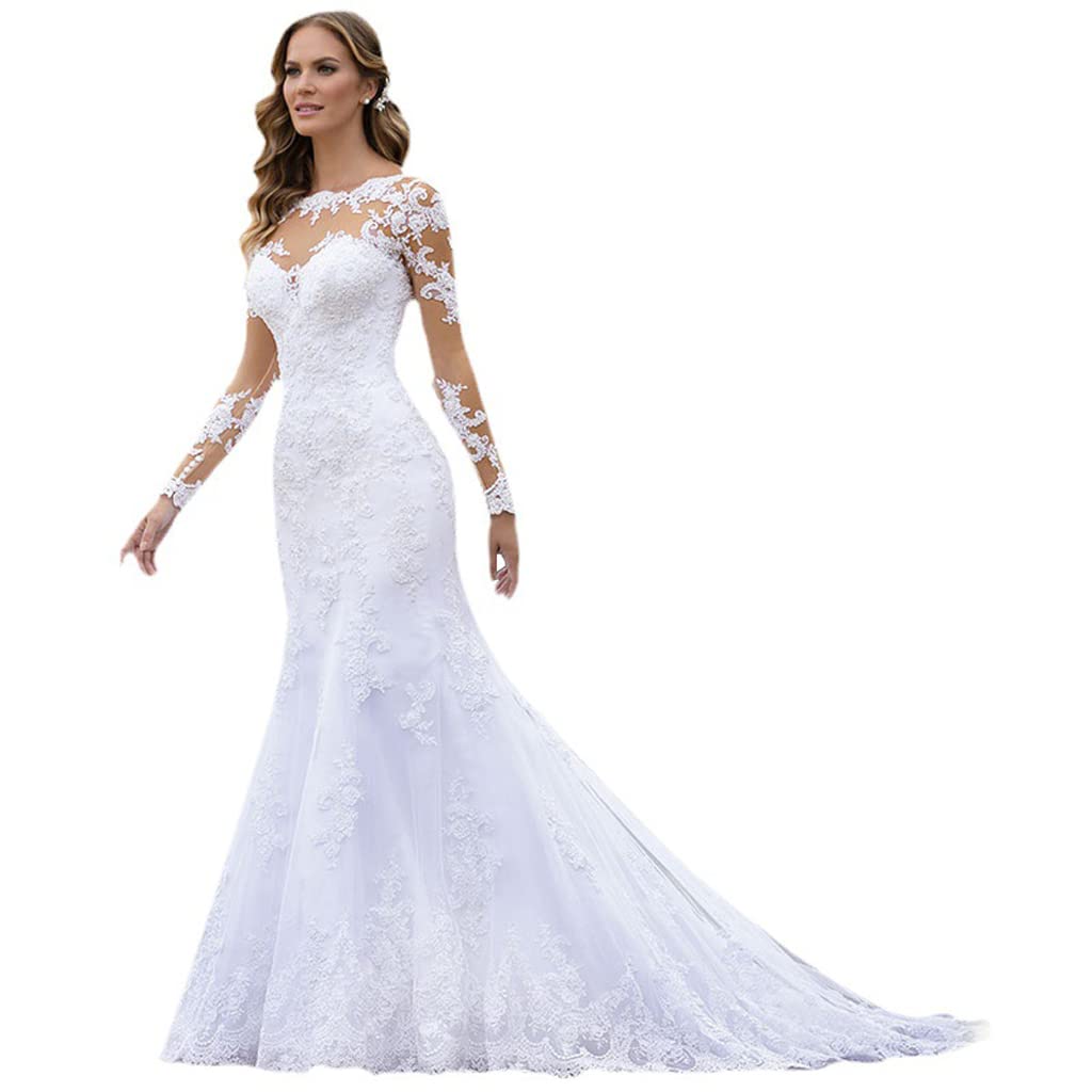 Vestido de Novia de Manga Larga con Cuello en V Elegante Vestido de Novia de Encaje de Tul