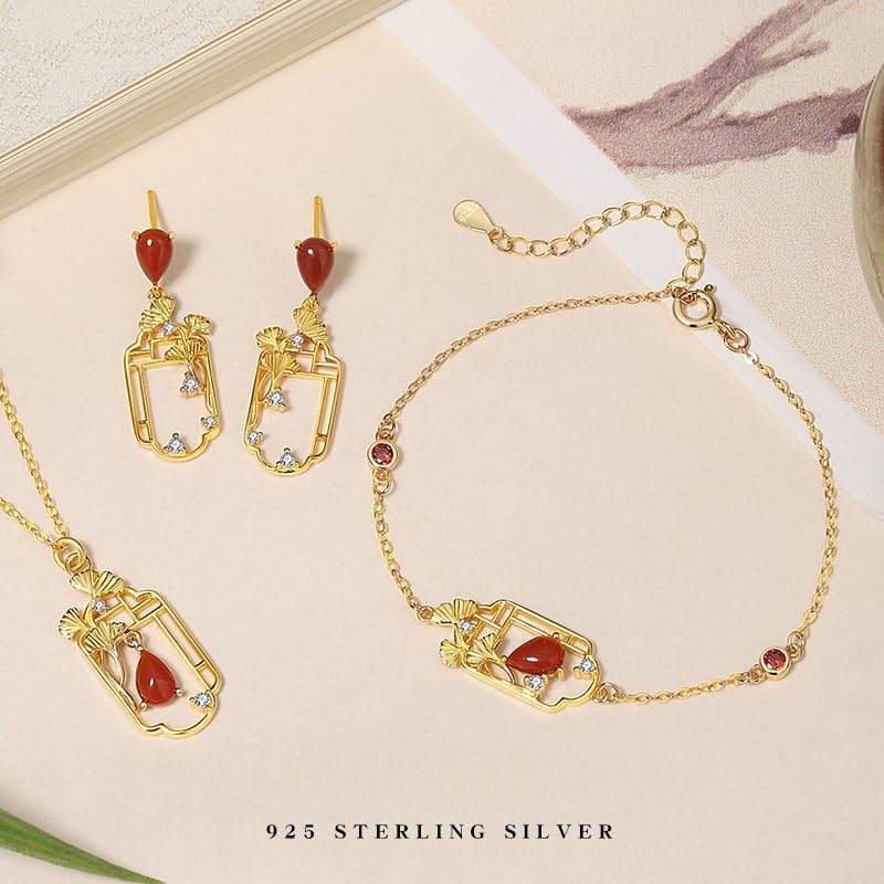 Bracciali Argento Donna Set Di Gioielli Da Donna In Argento Sterling Con Foglia Di Ginkgo Agata Rossa Ciondolo A Goccia Collana Bracciale E Orecchini Pendenti Con Zirconi Cubici Gioielli
