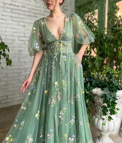Prom Dresses for Women 2024 Puffy Sleeve Flower Embroidery Tulle Formal Gowns Homecoming Dresses4
