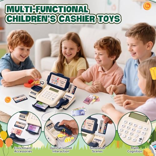 LTFIOON Kasse Kinder, Elektronische Kinderkasse mit Scanner, Spielgeld und Taschenrechner, Supermarktkasse Kinder Rollenspiel Spielzeug für Mädchen Jungen ab 3 Jahre (Blau)