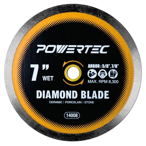 Image of POWERTEC 7 inch Continuous Rim Diamond Saw Blade for Wet Tile Saw, Diamond Blade for Cutting Ceramic, Porcelain, Natural Stone Tile, Wet Cutting Only 7 inch Diamond Blades, 1 Pack (14008)