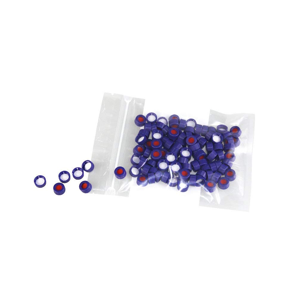ALWSCI Tappo per Fiale Per Autocampionatore 9-425, Tappi a Vite In Polipropilene Blu da 9 Mm Con Setti In PTFE Rosso/Silicone Bianco, 100 Pezzi/Pz.