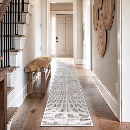 Rugshop Bohemian Stripe Lines Washable Non Slip Runner Rug 2' x 10' Ivory