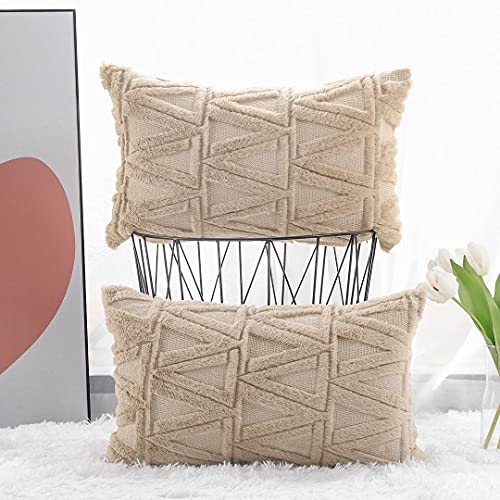 MADIZZ Pack of 2 Soft Plush Short Wool Velvet Decorative Throw Pillow Covers Luxury Style Pillow Shell Cushion Case for Sofa Bedroom Khaki 12x20 inch Rectangular