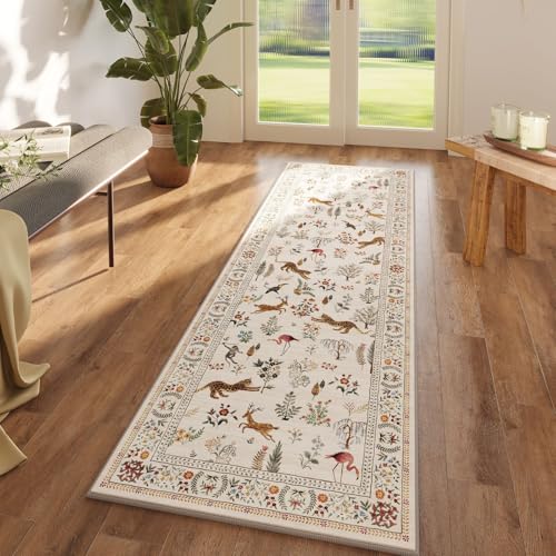 Runner Rug for Kitchen Non Slip 2'6''x8' Washable Rugs with Rubber Backing Soft Floral Animal Carpet Runner for Kitchen, Laundry, Bedroom, Bathroom (Beige)