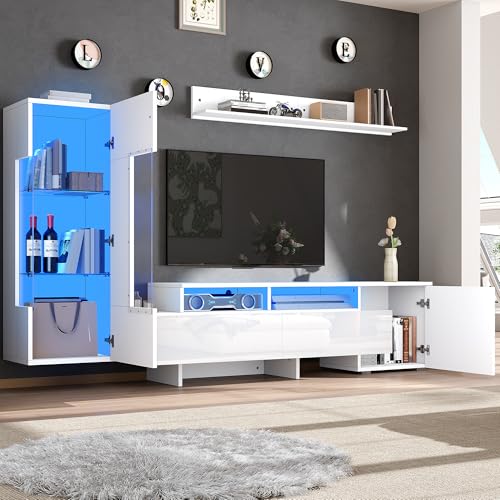 Kelodan Juego de 3 paneles de pared para salón de alto brillo, puertas de armario acrílico y mampara de cristal, armario moderno con LED, de pie y colgante, color blanco, apto para dispositivos de